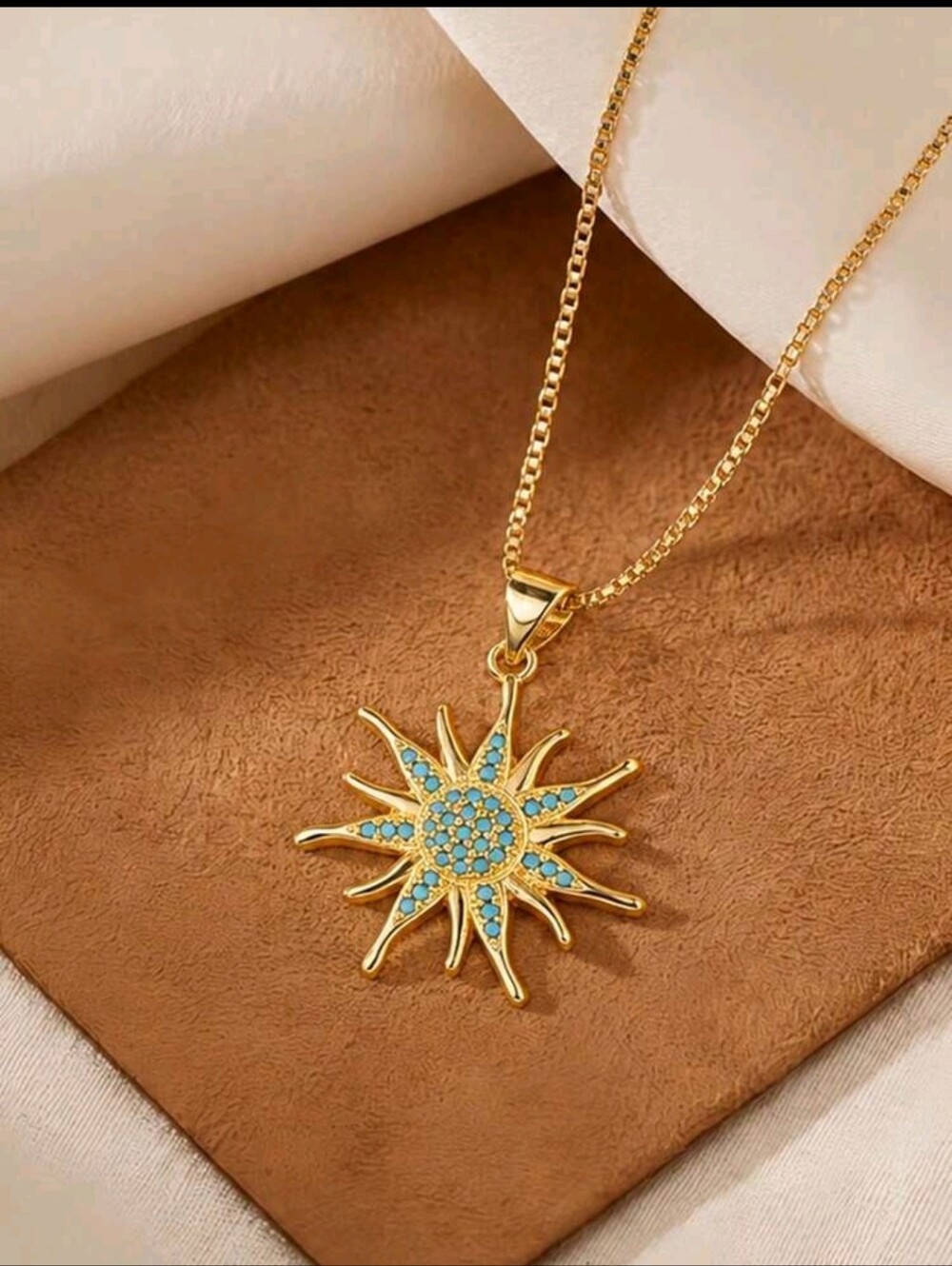 BRAND NEW **Gold Sunburst Pendant Necklace with Turquoise Stones